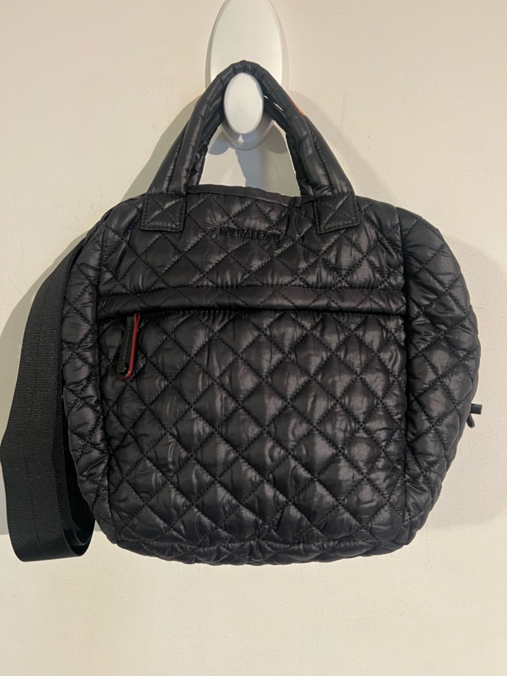 MZ Wallace Black Quilted Tote with Tan Leather Logo Patch